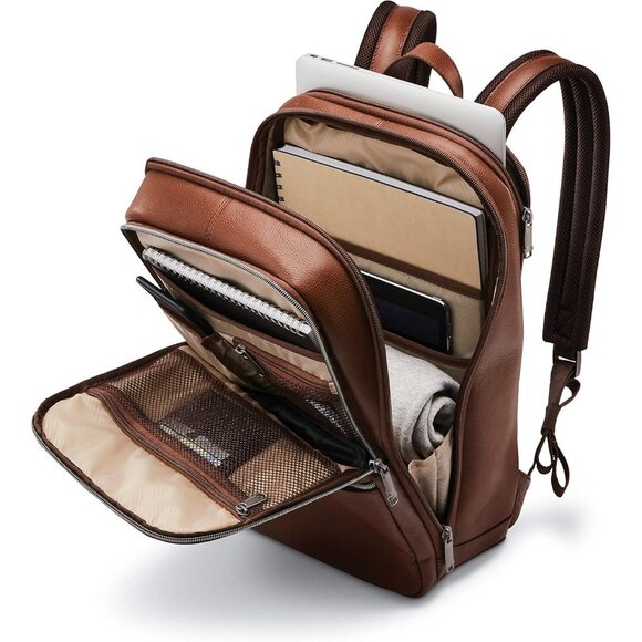 Men's Cognac Classic Leather Slim Imported Zipper Nylon Laptop Pocket Backpack - Picture 6 of 8